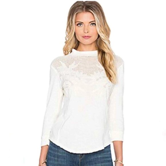 Free People Ivory Primrose Mesh Casual Top Womens Medium Linen Blend Crochet - Picture 1 of 9